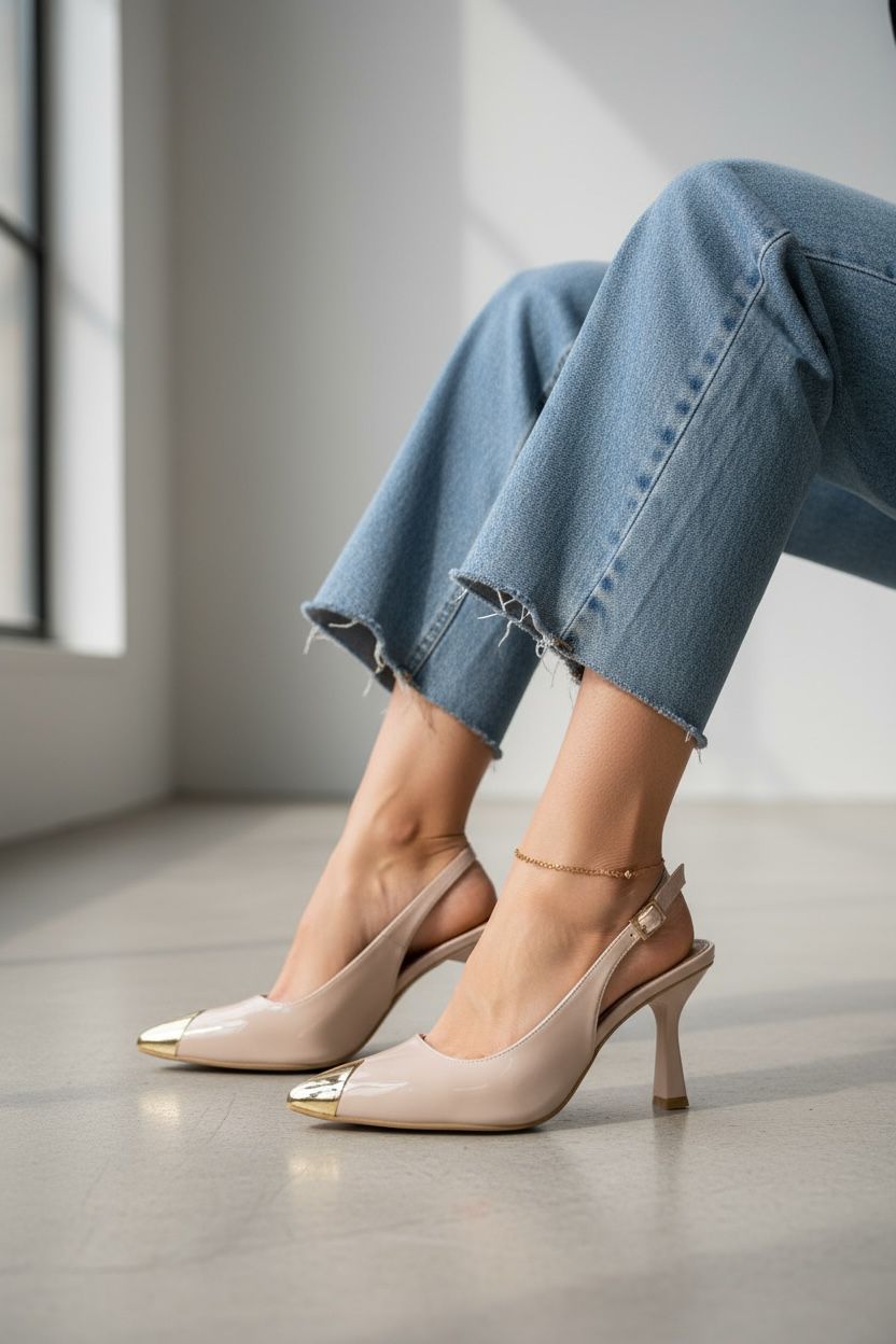 Zapatilla puntera oro tacón de 7 cm en charol con look elegante casual