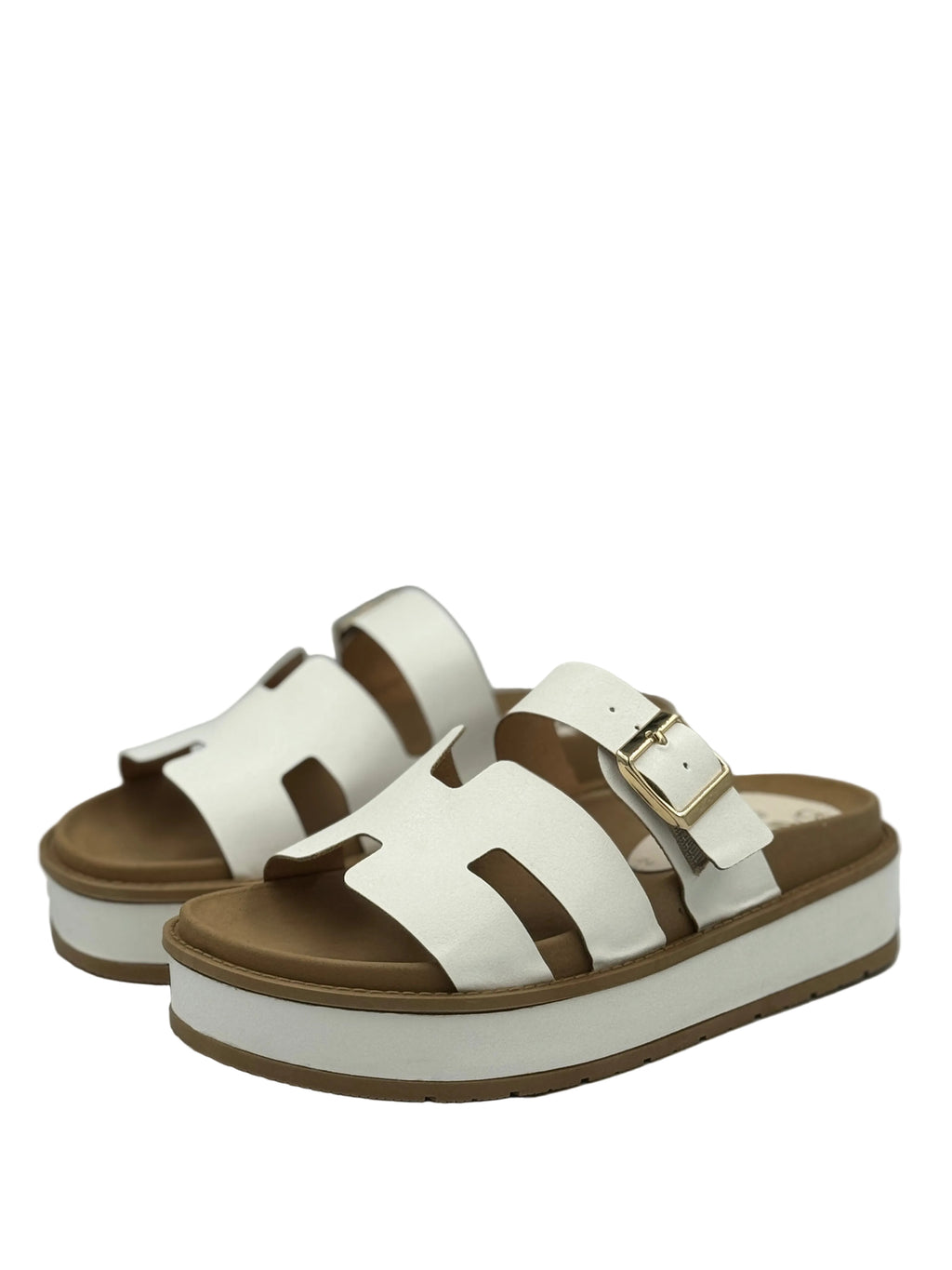 Plataforma Elysa Blanco Minimalista, sandalias elegantes y modernas con detalle de hebilla.