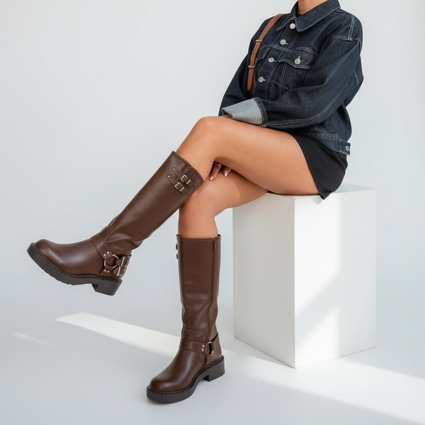 Bota Combat Vesta Piel Sintética Premium botas altas café outfit moderno