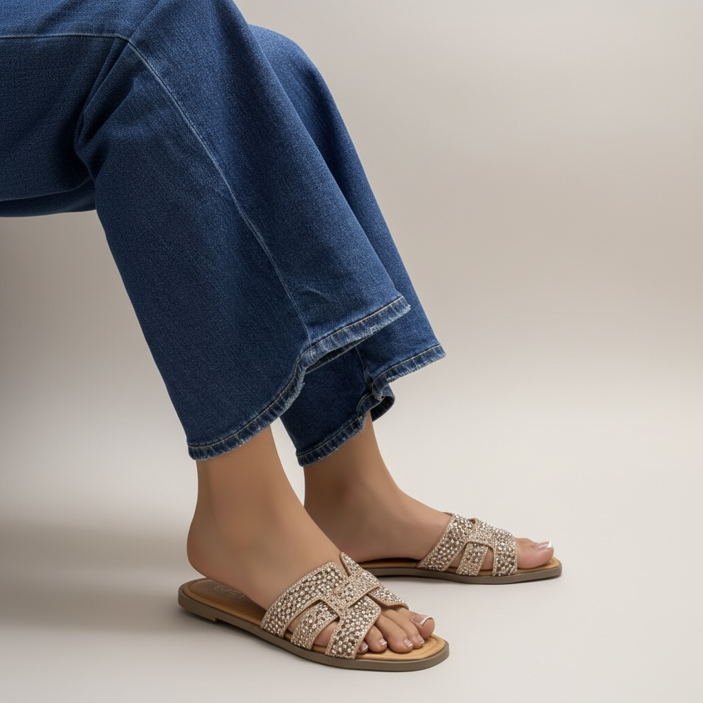 Sandalia eclipse diseño entrelazado brillo premium en pie, combinando elegancia y comodidad.