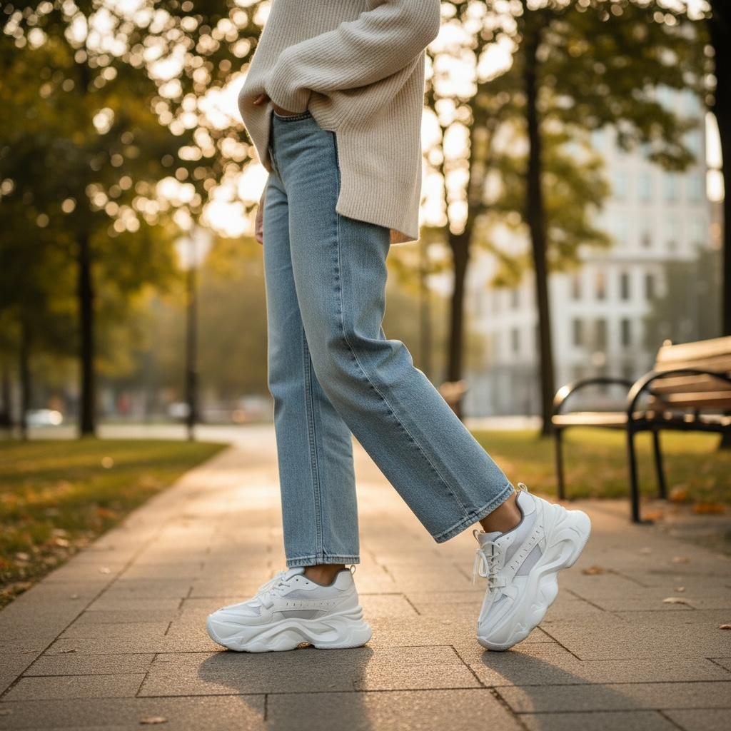 Mujer usando tenis chunky mujer suela TR premium en un entorno urbano, combinando estilo y comodidad.