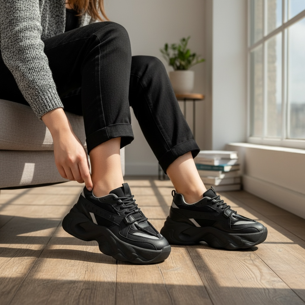 Tenis chunky mujer suela TR premium en color negro, combinando comodidad y estilo moderno para uso diario.