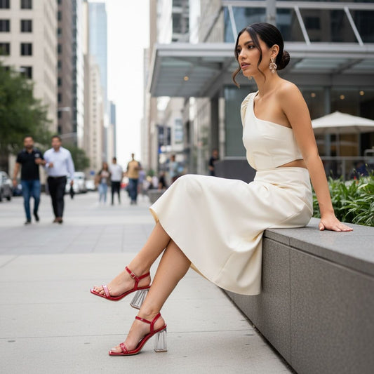 zapatilla lumina charol con tacón acrílico en uso look elegante urbano